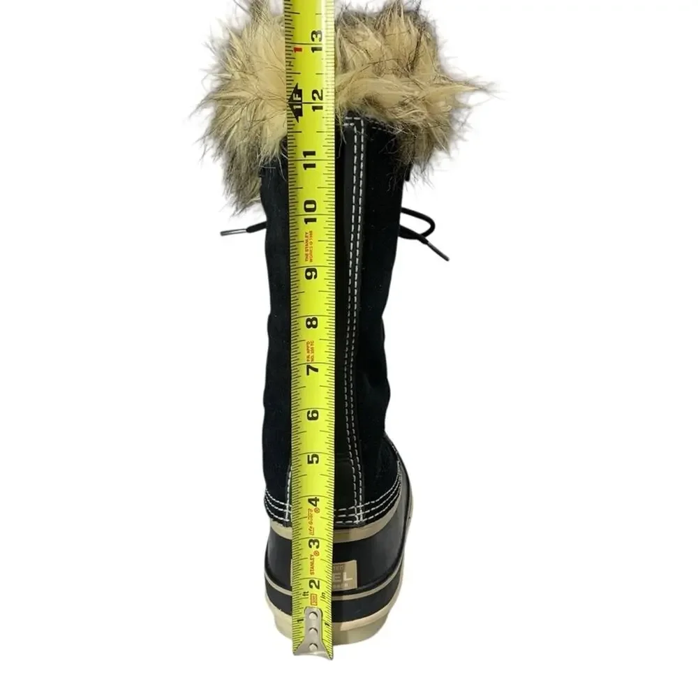 Sorel Joan of Arctic Waterproof Boots 8 Black Quarry Suede Faux Fur Lace Up Snow
